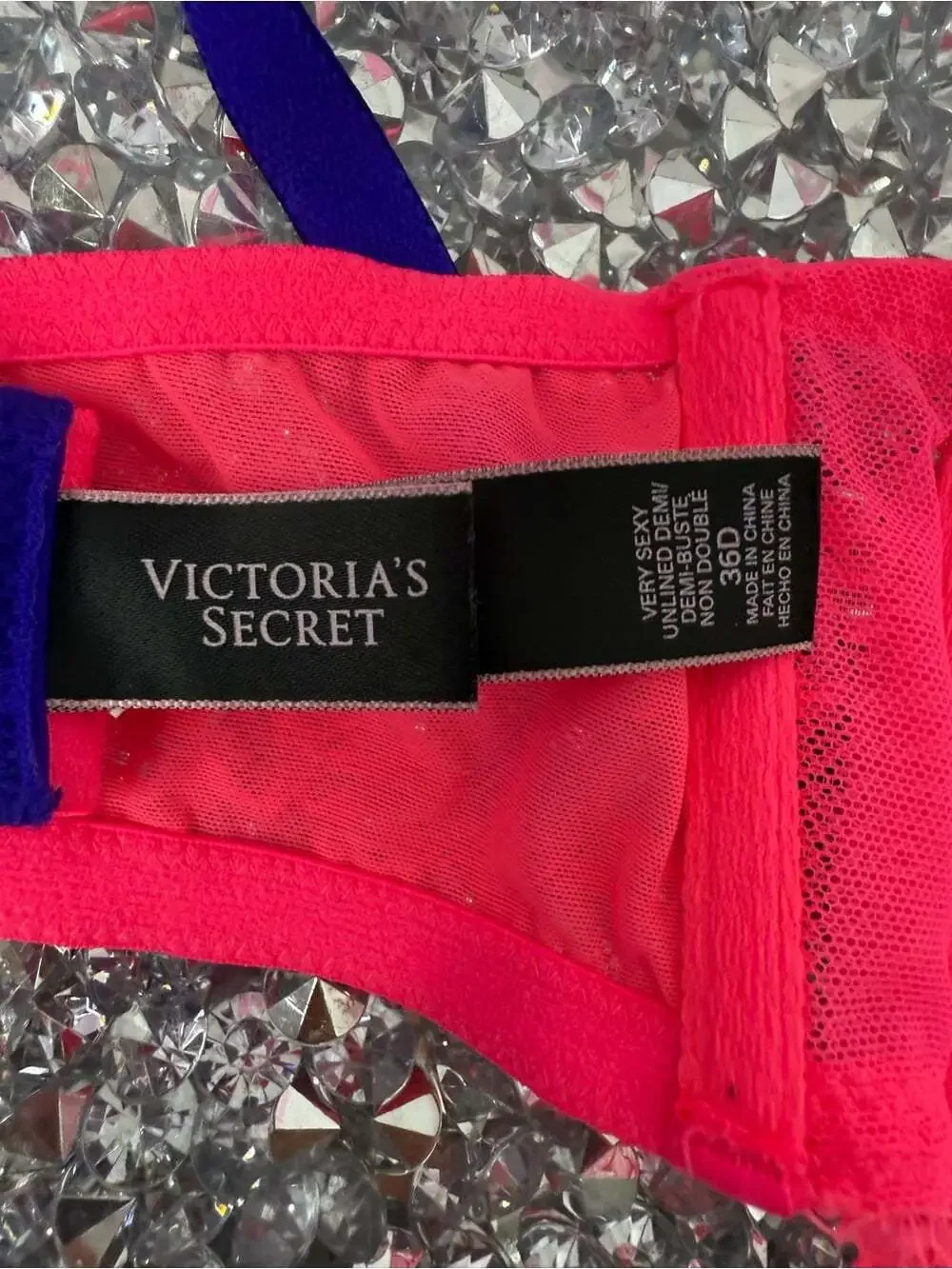 Victoria's Secret Neon Pink Lace Underwire Bra with purple Straps